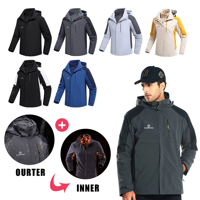 Queshark 3 in 1 Set Men Removable Fleece Jacket Waterproof Windproof Windbreaker Hiking Trekking Camping Cycling Coat