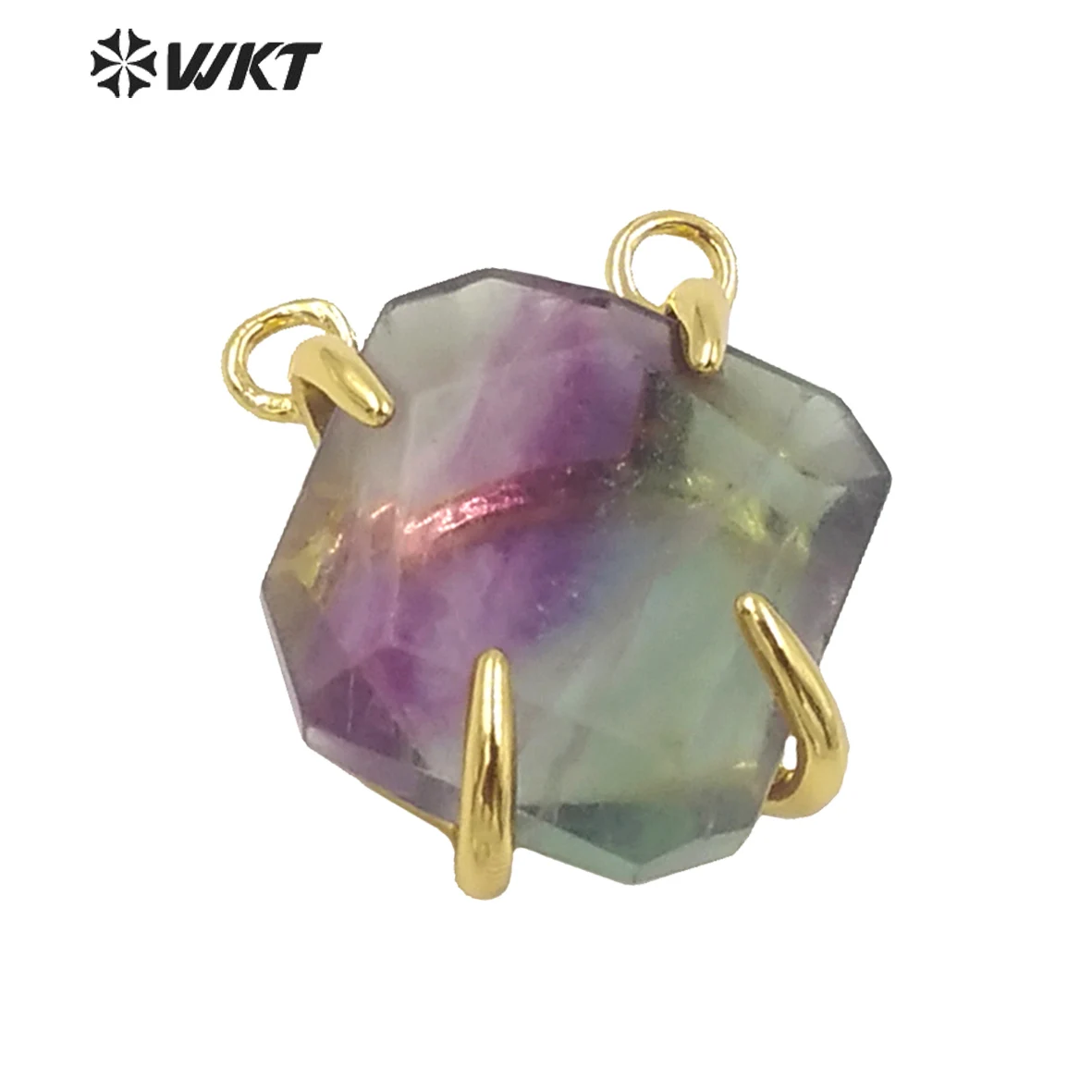 WT-P259 Classic Retro Fluorite Pendants With Prong Setting Brass With 18k Gold Trim Stone In Natural Rainbow Color