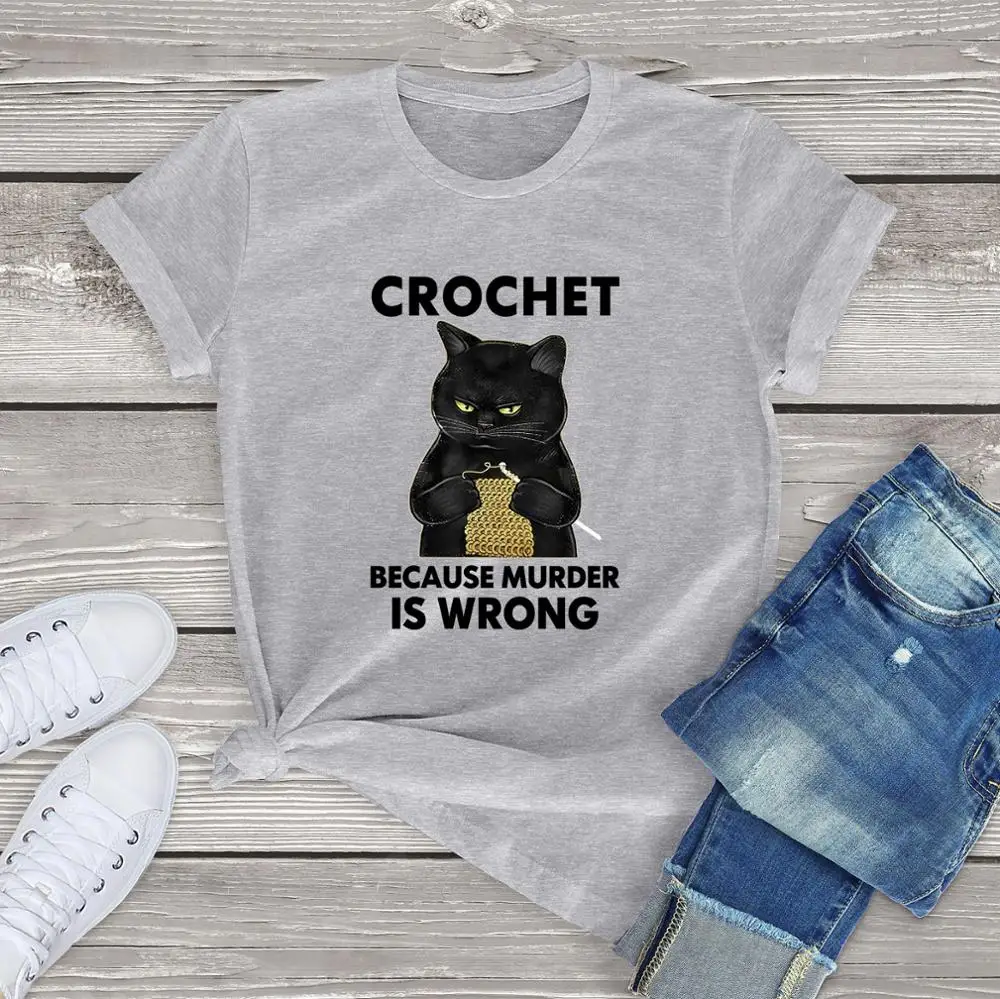 FLC 100 Cotton T Shirt For Women Funny Black Cat Graphic Woman Clothing Summer Crochet Because Murder Is Wrong Harajuku Tops Tee