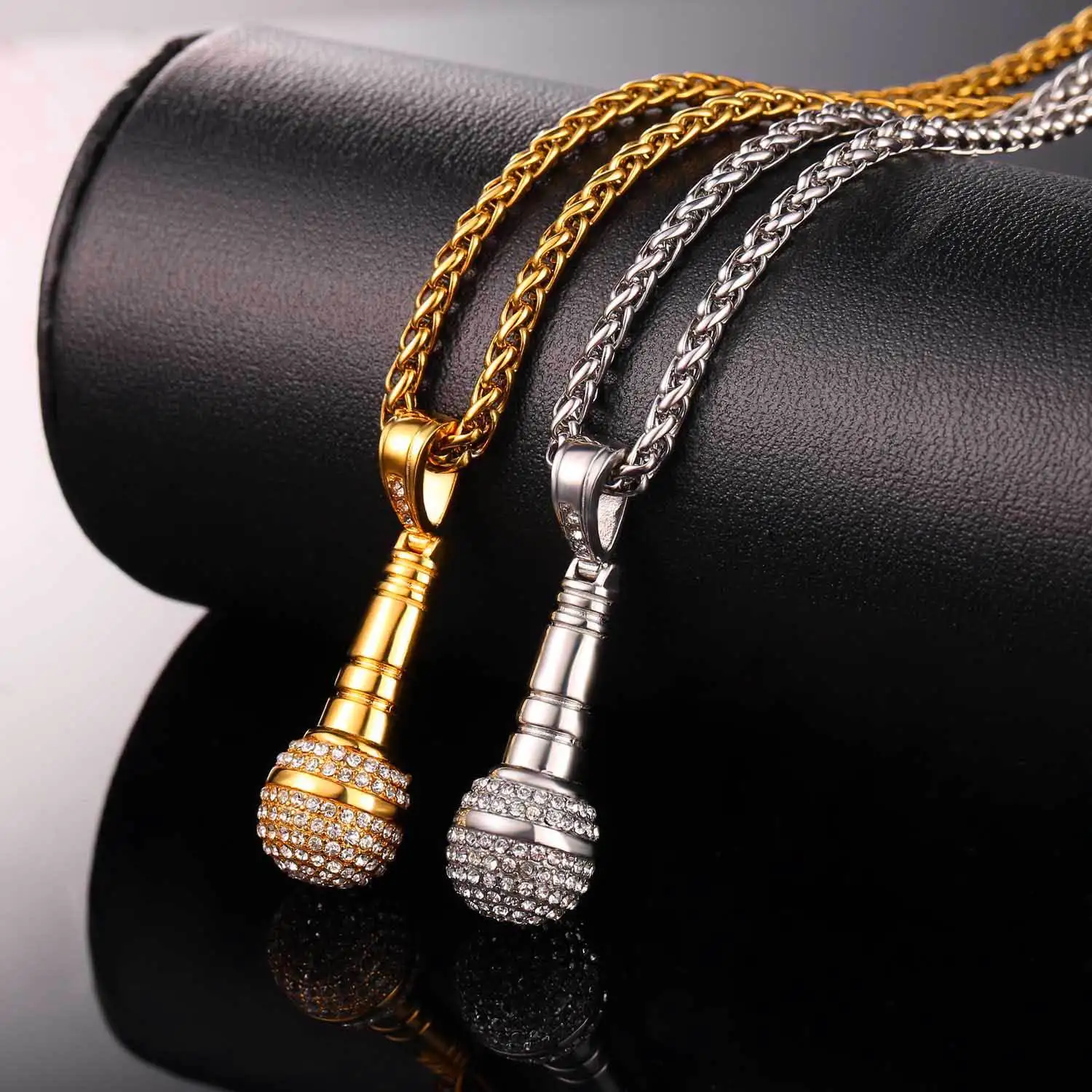 Microphone Men\'s Necklace Hip Hop Rock Inlaid Rhinestone Microphone Metal Pendant Party Men\'s Jewelry Accessories 2 Colors