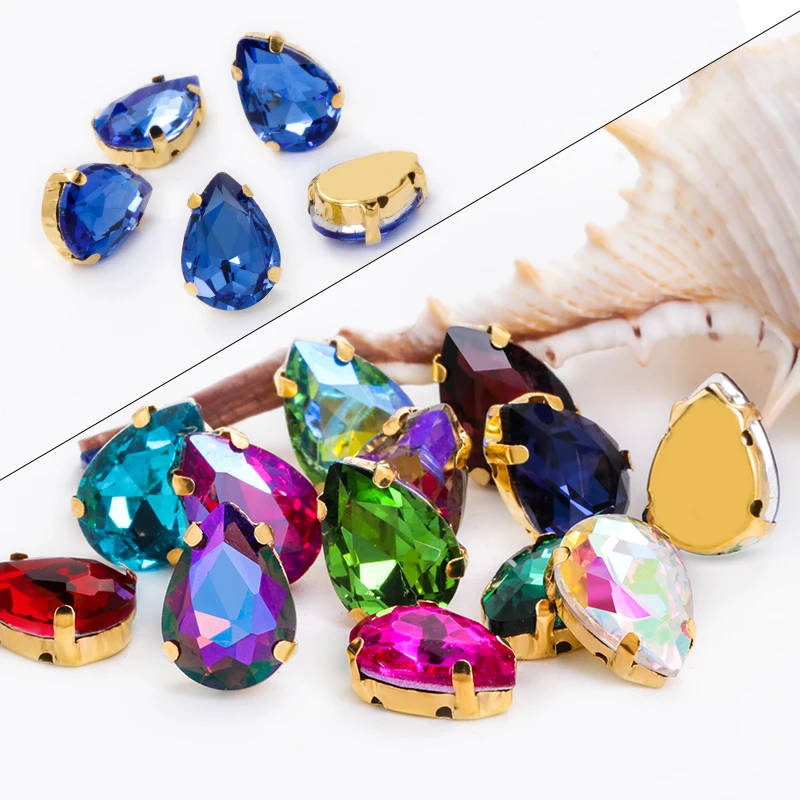 Drop Rhinestone Sew-on Glass Golden Base Stones Crystal For Decoration and Crafts Clothes Sewn Rhinestones For Needlework