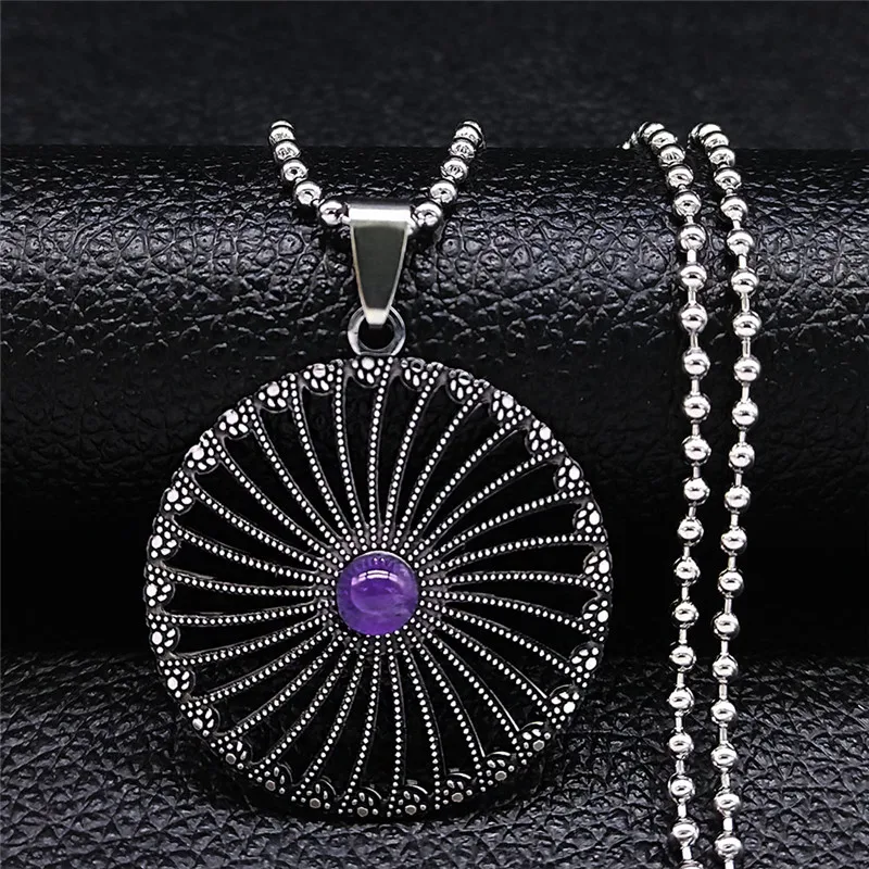 Round Purple Crystal Stainless Steel Big Long Boho Charm Necklaces Women/Men Silver Color Bohemia Jewelry bijoux homme N3614S04