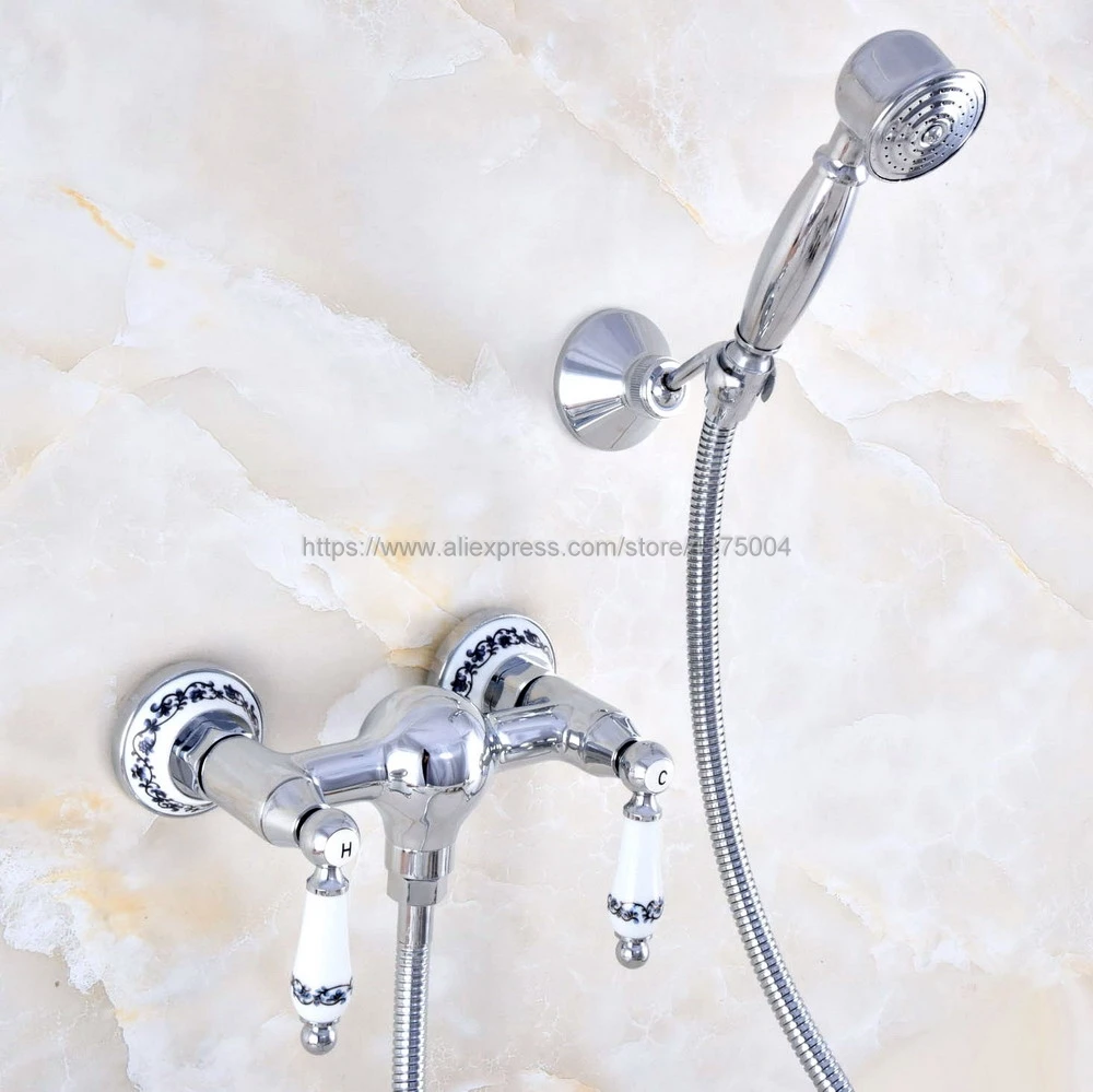 

Polished Chrome Bathroom Shower Faucet Mixer Tap With Hand Shower Head Shower Faucet Set Wall Mounted Nna782