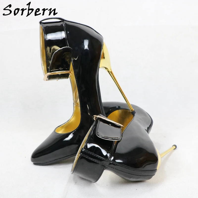 Sorbern Black Patent 14Cm High Heel Women Pump Wide Ankle Strap Gold Metal High Heels Custom 12Cm 16Cm 18Cm Stilettos Pump Shoe