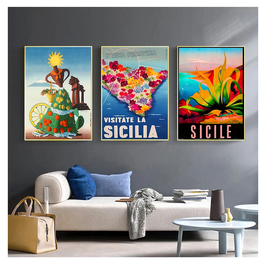 Travel Canvas Paintings Vintage Picture Kraft Poster Coated Wall Stickers Home Decoration Gift Sicily Island Italy Orange Flower