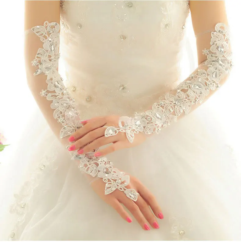 2021 New Long Lace Fingerless Evening Glove White Bridal Wedding Gloves with Crystals in stock  Wedding Accessories Party Gloves