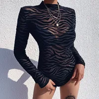 Black Mesh Transparent Sexy Bodysuit Long Sleeve Slim Skinny Stripe Mock Neck Casual Rompers Women Lady Party Club Body - Image 2