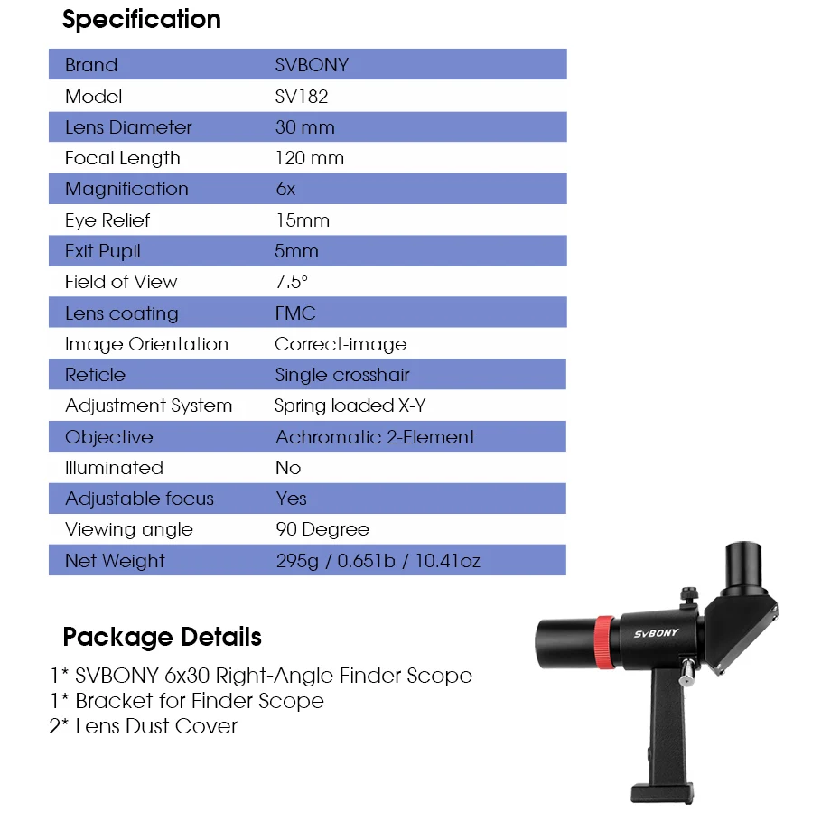 Svbony SV182 Telescope 6x30 Right-Angle Correct-Image Optical Dot Finderscope Astronomy Scope Viewfinder