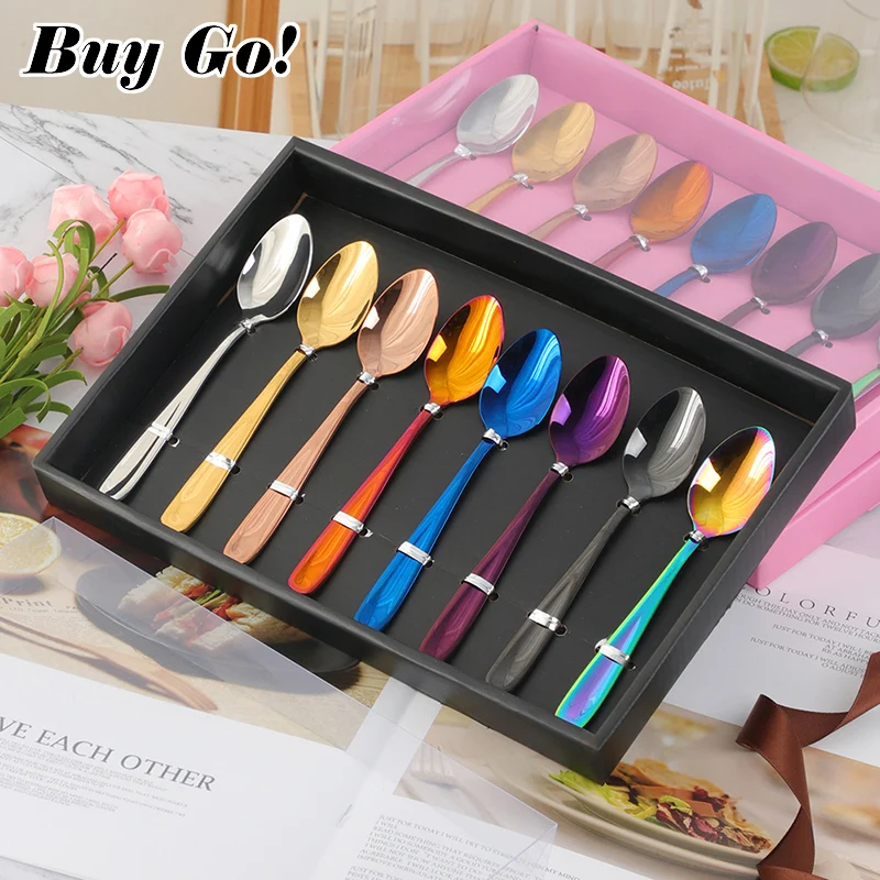 ステンレス製レインボーティーコーヒースプーン,ミニスプーン,スクープテーブル,ホームパーティー用の小さな食器,蜂蜜とデザート,ギフトボックスセット,8個