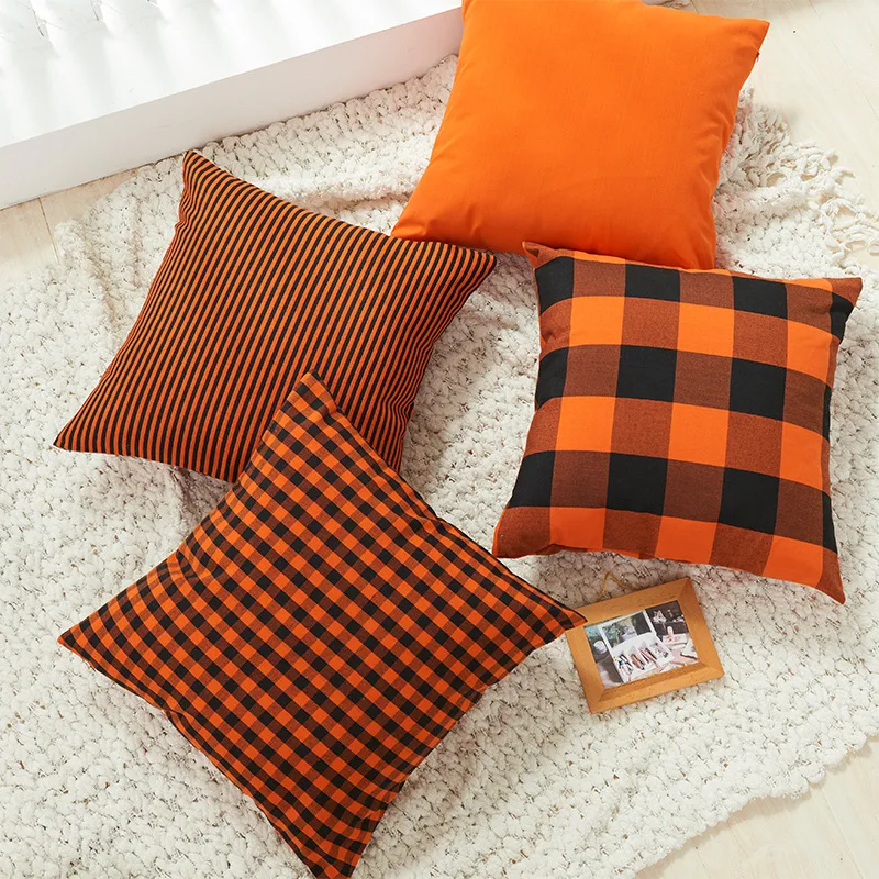 2023 Autumn Orange Plaid Stripes Cushion Cover 7 Sizes Cotton Polyester Tartan Pillowcase Modern Nordic Sofa Couch Throw Pillows