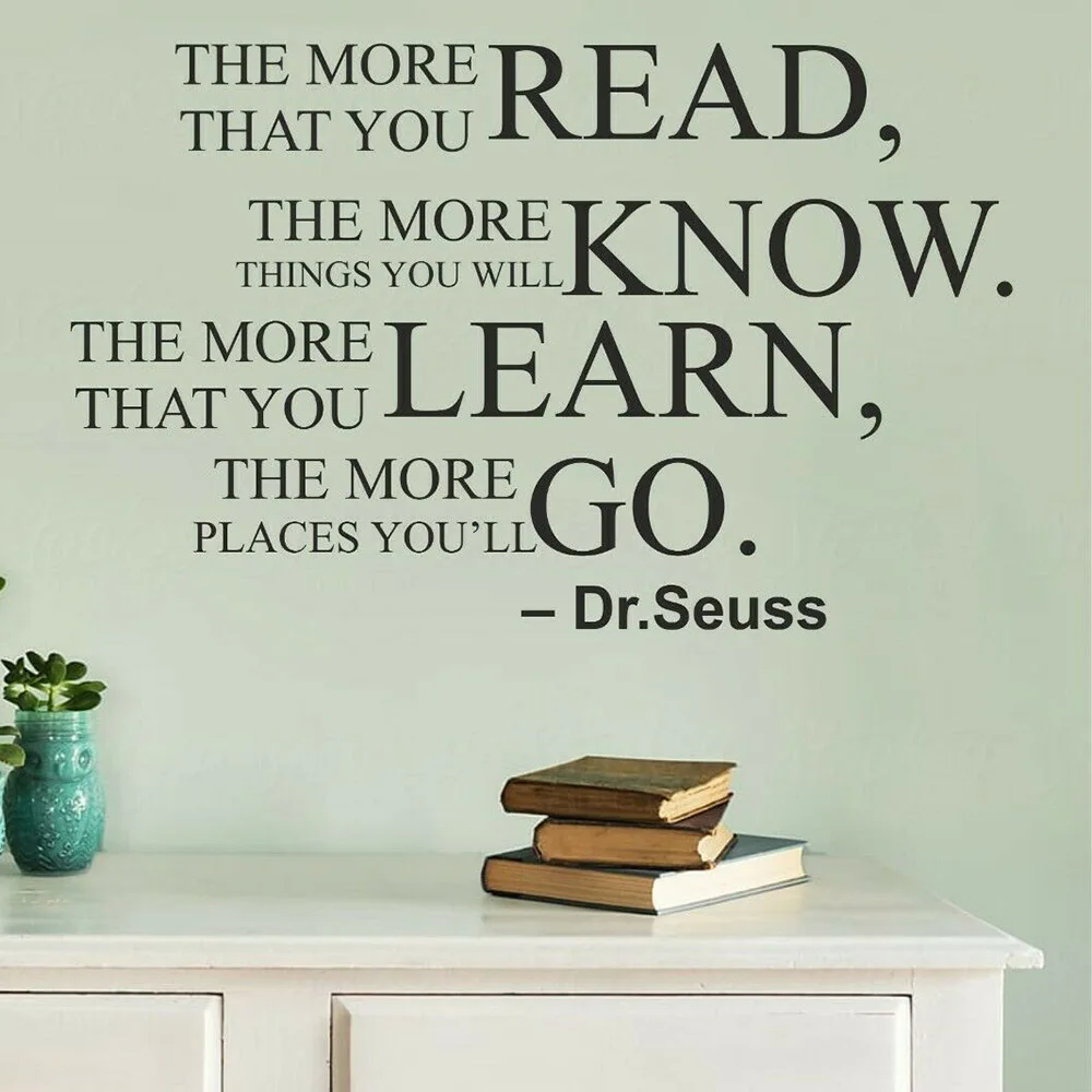 Dr. Seuss-calcomanía de pared motivacional para oficina, sala de libros de pared para vinilo adhesivo, decoración del hogar, leer, aprender, citas, calcomanías de pared W333