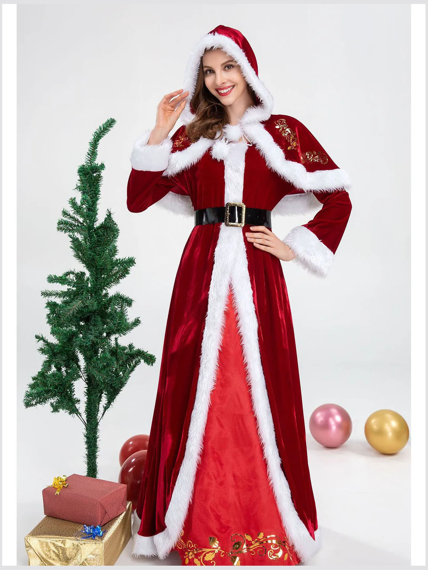 

4 Sizes Red Shawl Christmas Costume Cosplay Women Clothes Suit For Adults Props Uniform Velvet New Year Party