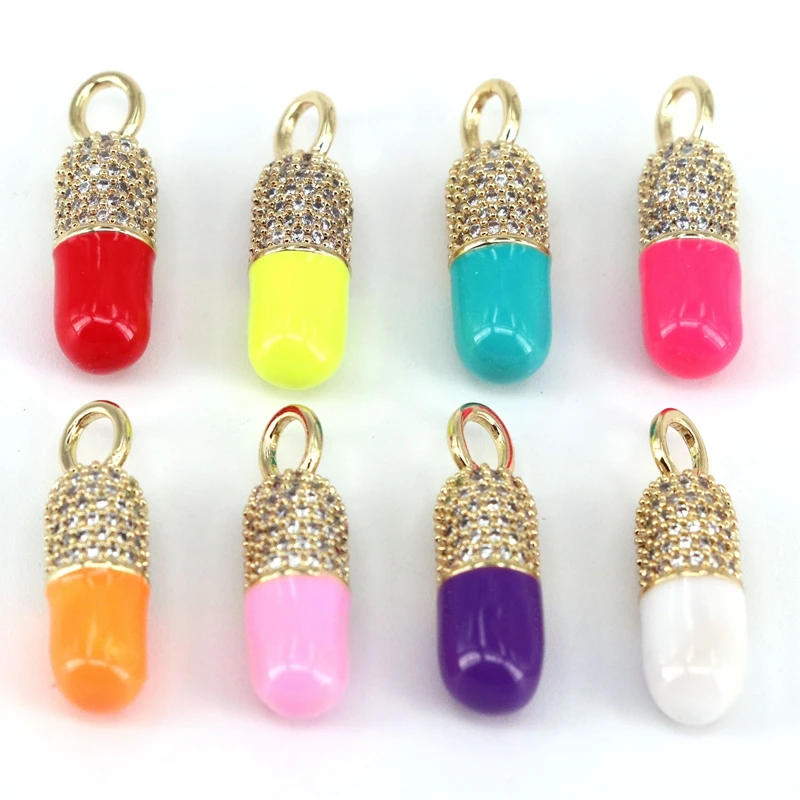 10Pcs Fashion Jewelry Zircon Gold Plated DIY Charm Necklace Oil Drip Enamel Chill Pill Capsule Pendant Necklace