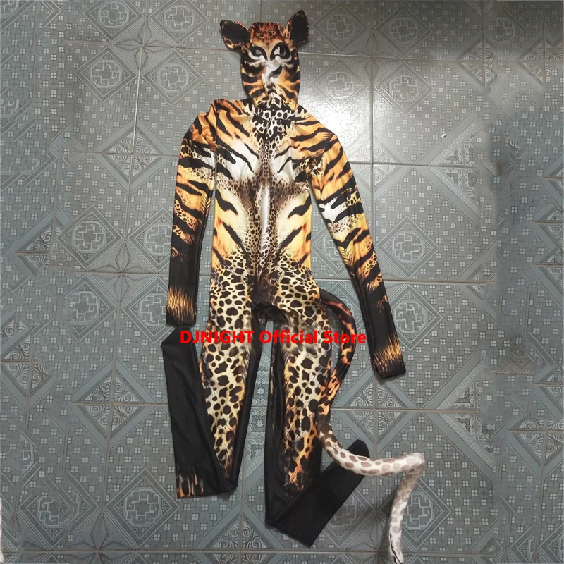 Bar Nightclub Stage Dance Costume Halloween Cosplay Tiger Print Long Jumpsuit Performance Rave Outfit Female Gogo Costume JJ041