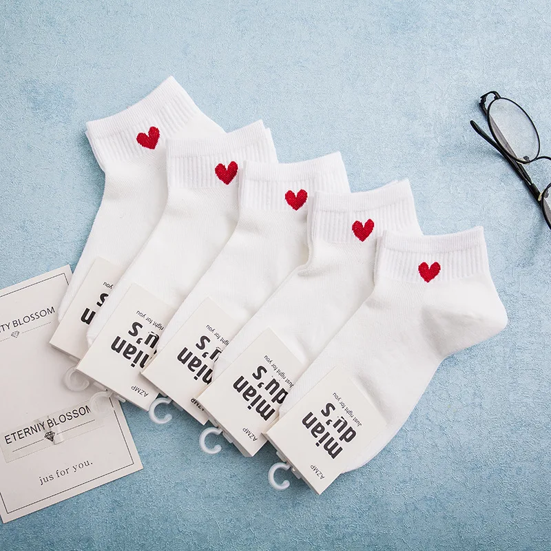 Socks Women Harajuku Woman Cotton Ankle Socks Novelty Love Heart Pattern Socks Hiphop Solid Color Cute Socks Black White Sokken