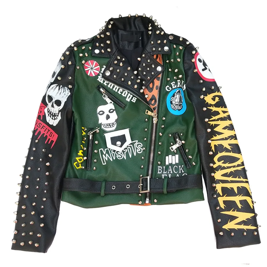 Blouson en cuir style punk pour femme, streetwear, graffiti, chancelier, motard, automne, printemps, 2024