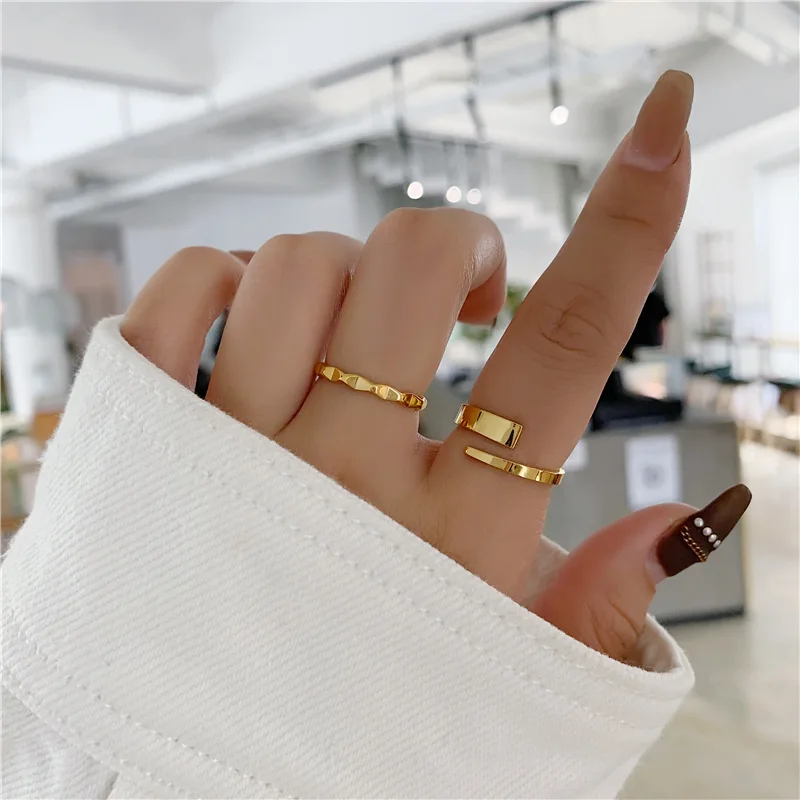 YUN RUO Simple Fashion 18K Gold Color Titanium Steel Wave Open Ring Korean Personality Geometric Tail Rings Female Never Fade
