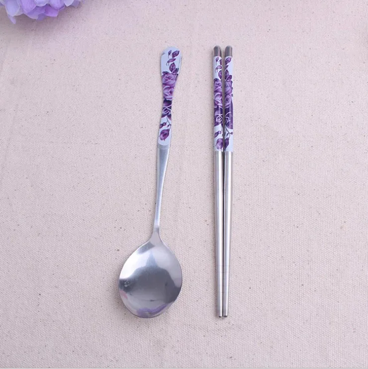 Stainless Steel Chopsticks&Spoon Set in Purple Gift Box Kitchen Party Supplies Dinnerware Sets