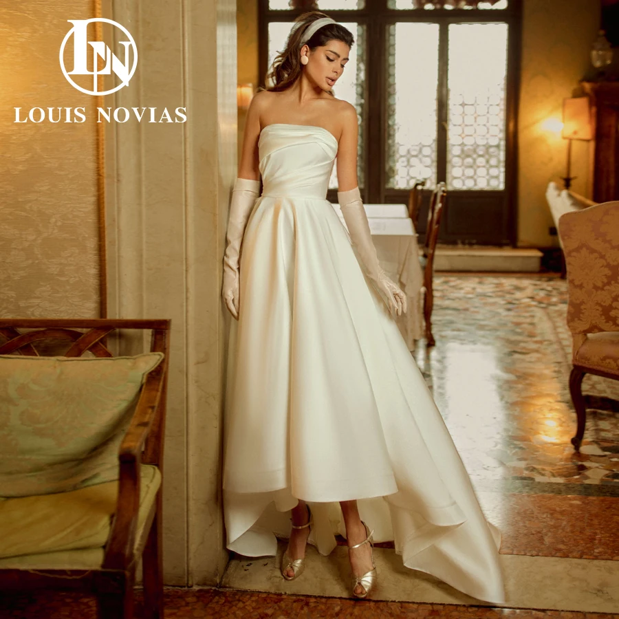 LOUIS NOVIAS Satin Wedding Dress Elegant Vintage Strapless Backless Bridal Gown Bow Sleeveless High/Low A-Line Vestidos De Novia