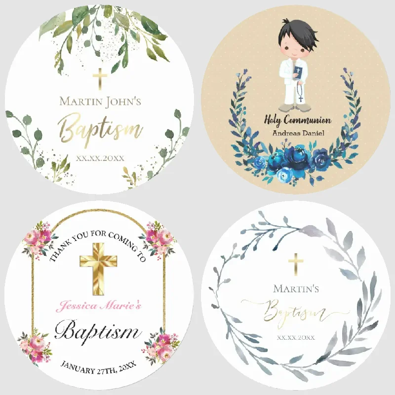 Christening & Baptism Sticker Labels Custom Name Date Text The First Communion Personalized Floral Frame Party Stickers