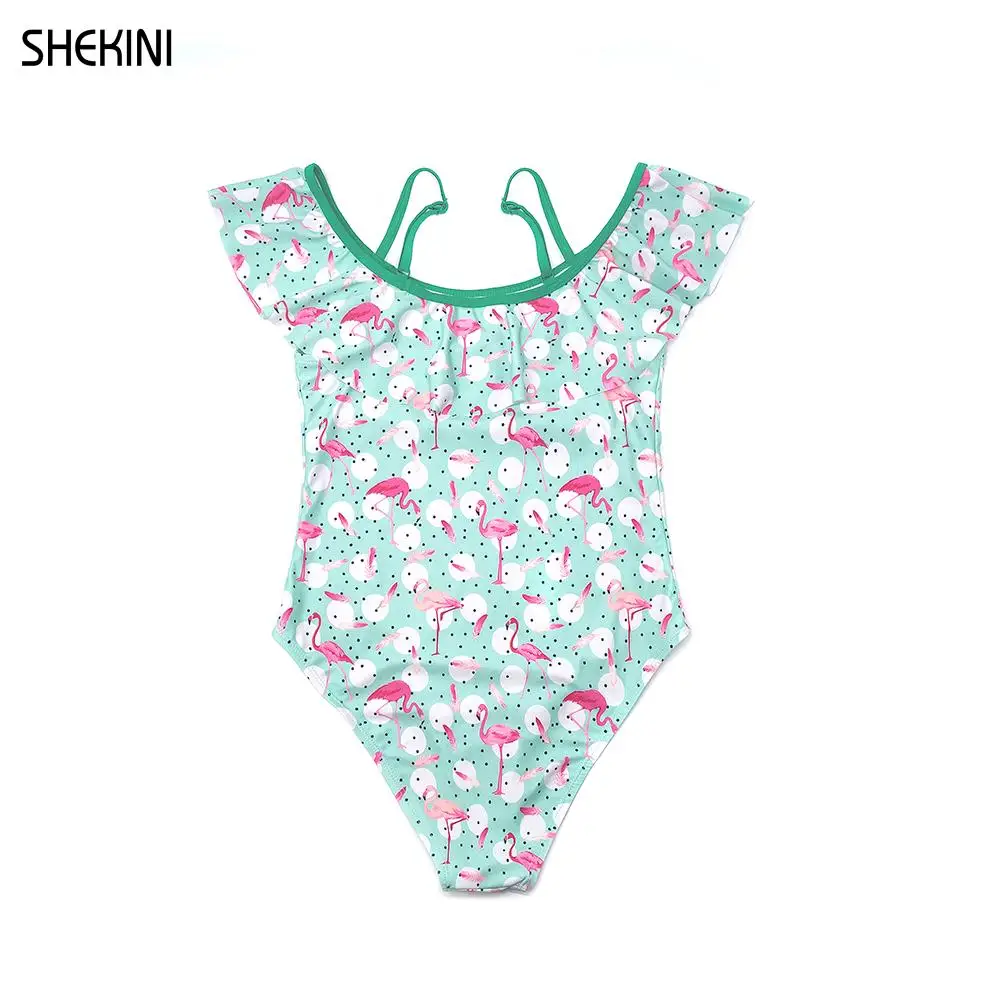 SHEKINI Girls Flounce Cute Print One-Piece Swimsuits Off-Shoulder Beach Bathing Suit Children's Swimwear Teenage Stylish Bikini