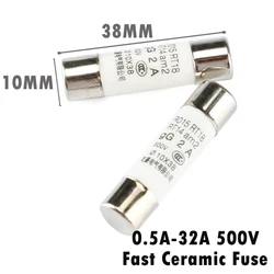 5Pcs 10*38 Fast blow Ceramic Fuse 10x38mm Fuse 500V 0.5A 1A 2A 4A 5A 6A 8A 10A 16A 20A 32A RO15 RT18 RT14