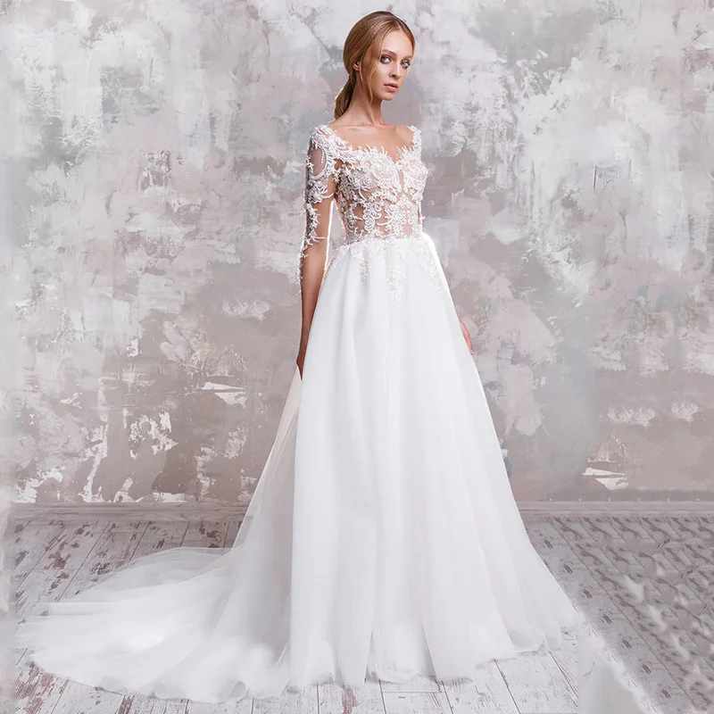 Weilinsa-Robe de mariée en tulle avec appliques pour femme, encolure dégagée, bouton dans le dos, patients, quoi que ce soit, train de cour