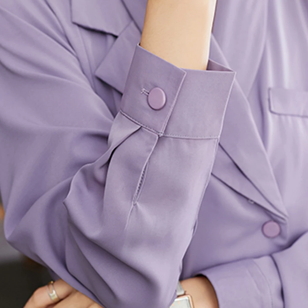 Elegant Office Lady Long Sleeve Purple Blouses Vintage Notched Neck Shirts Woman Casual Female Tops Blusas Mujer De Moda 2024