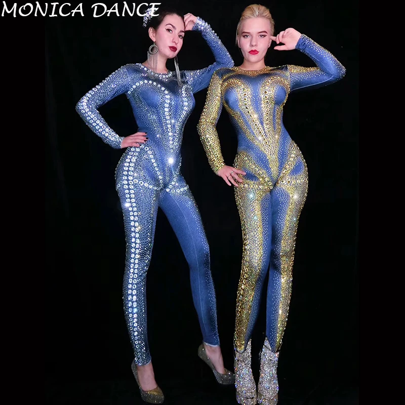 

Sexy Silver Gold Rhinestones Long Sleeves Jumpsuit Birthday Celebrate Prom Outfit Women Singer Dancer Costume Evening Jumpsuit