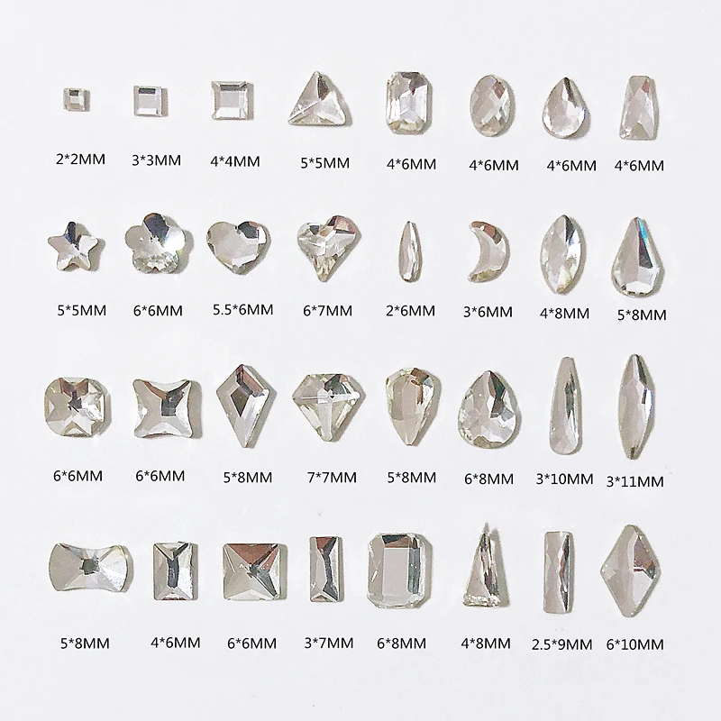 30/100Pcs Crystal White Nail Art Rhinestone Accessories Flat Glass Stone Strass Mixed Shape DIY Fashion 3D Fingernail Decoration