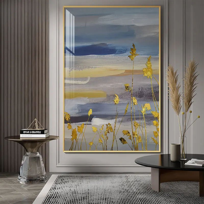 

Golden Reed Oil Painting Nordic Hand-painted Minimalist Landscape Posters Prints Abstract Canvas Paintings for Living Room Aisle