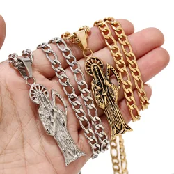 Small 50mm Stainless Steel Death Santa Muerte Skull Biker Pendants Women's Men Necklaces 24'' Chains Top Quality