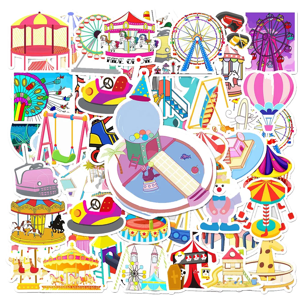 48Pcs Mixed Amusement Park Facilities Cartoon Poster Stickers Fridge Phone Laptop Luggage Wall Notebook Graffiti Kids Toys