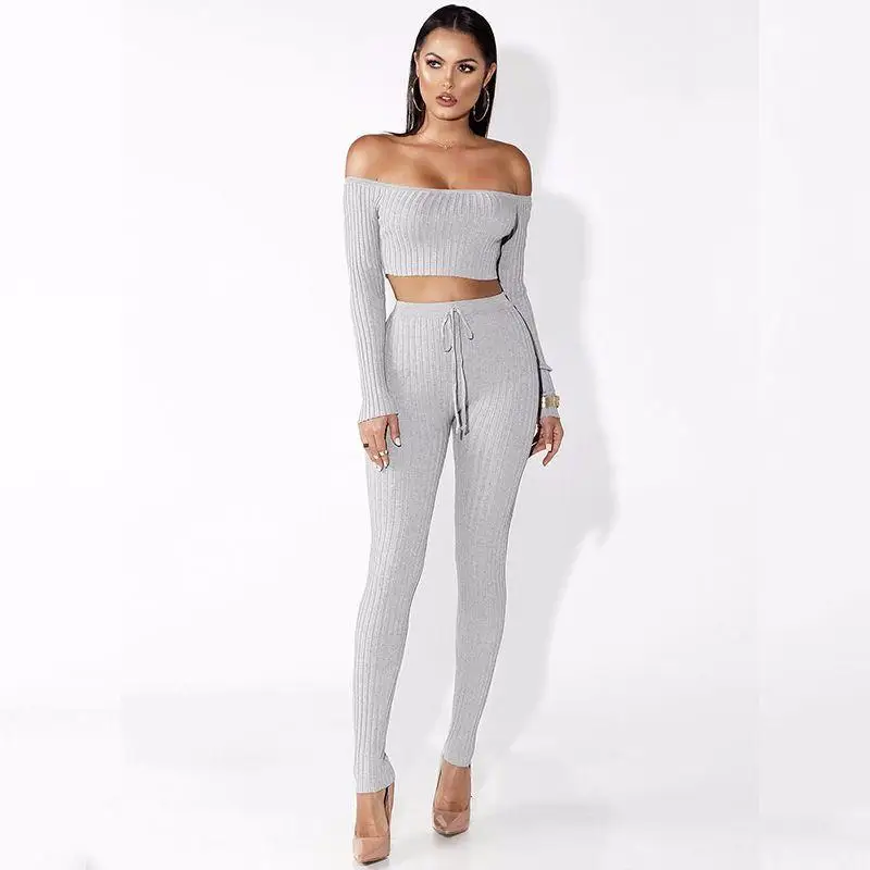 New Sexy Cotton Two Pieces Set Women Club Wear Slash Neck Crop Tops And Pencil Pant Long Sleeve Two Pieces Outfits