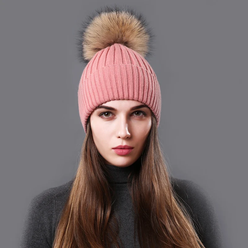 CNTANG Autumn Winter Hat Fashion Women Beanies Raccoon Fur Pompom Hats Casual Warm Knitted Wool Cap For Female Girls