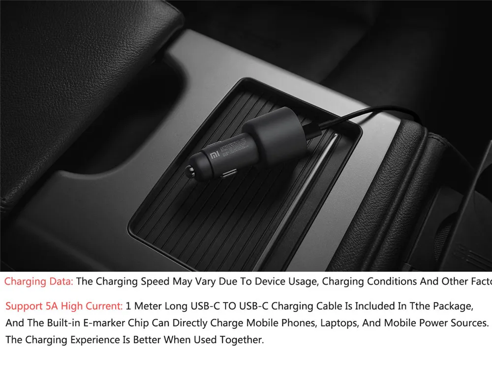 Xiaomi Mi Car Charger 100W MAX 1A1C Fast Charging Dual-port USB-A USB-C Smart Device Fully Compatible With Light Effect Display