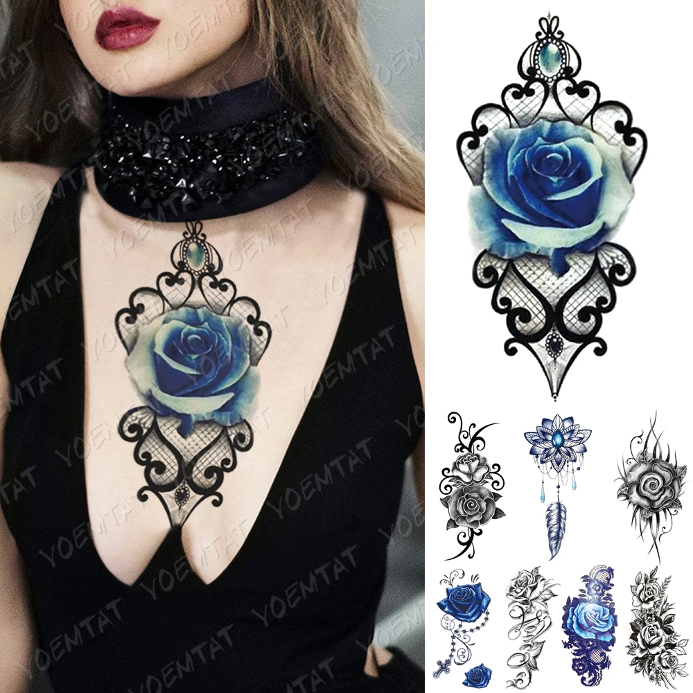 

Waterproof Temporary Tattoo Sticker Blue Diamond Rose Lace Flash Tattoos Totem Flowers Body Art Arm Fake Sleeve Tatoo Women Men