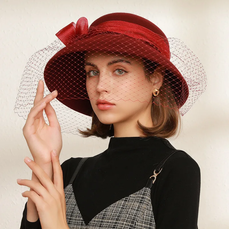 Women Wool Felt Hat Ladies Wide Brim Hat Autumn Winter Noble Elegant Girls Fashion Party Cap Bucket Hats Gauze Decoration