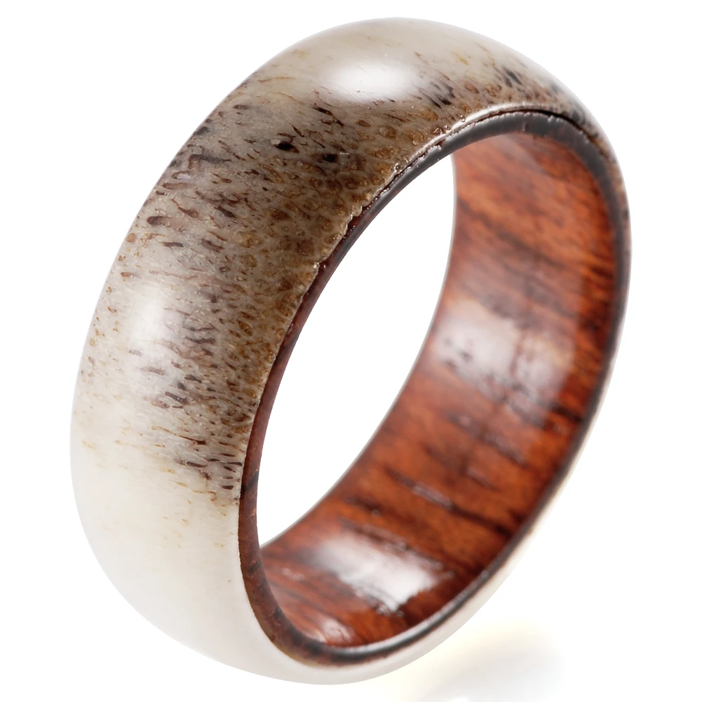 8mm Men's Domed Wedding Bands Nature Antler Sleeve Wood Inner Outdoor Promise Anniversary Engagement Rings For Man