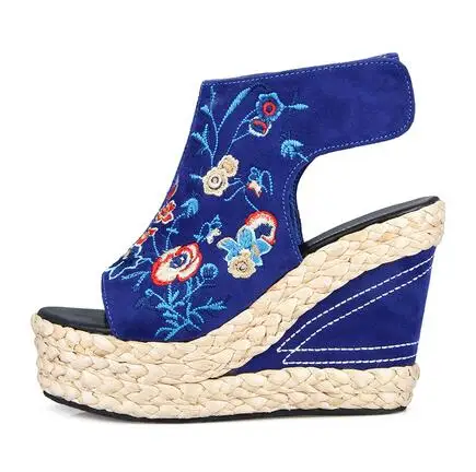 

Chinese Folk Shoes Women Dance Sandals Embroidery 10cm High Heel Summer Wedge