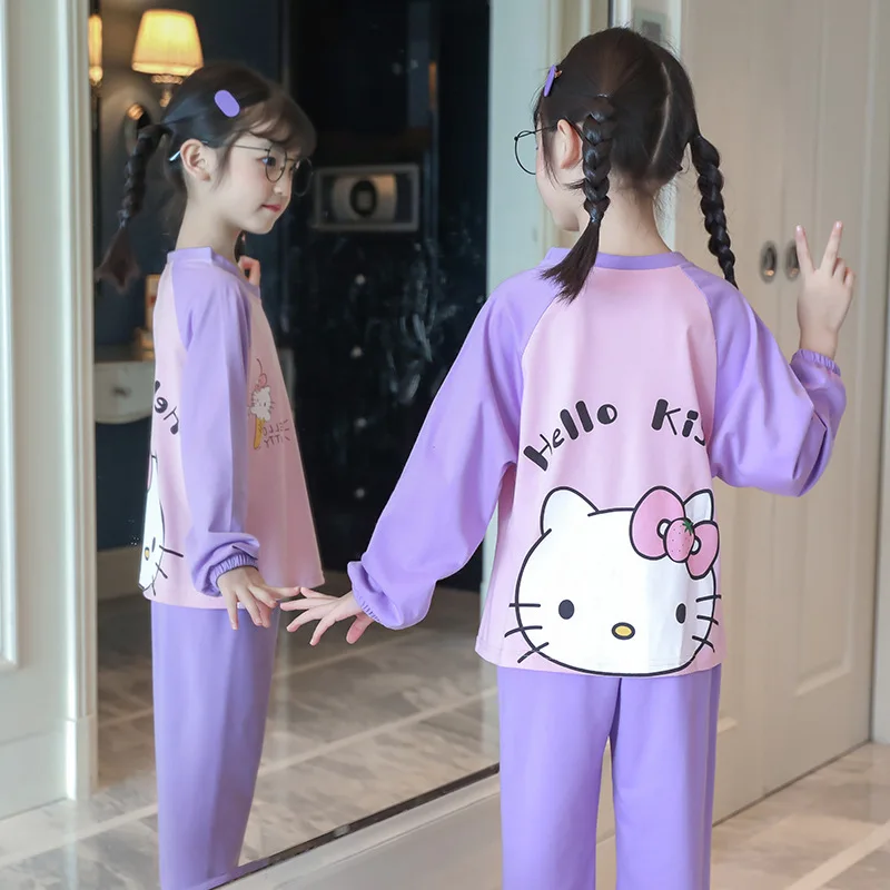 Hello Kitty New Cotton Girls Pajamas Set Spring and Autumn Comfortable Cute Printed Children\'s Long Sleeve Pants Two-Piece Set