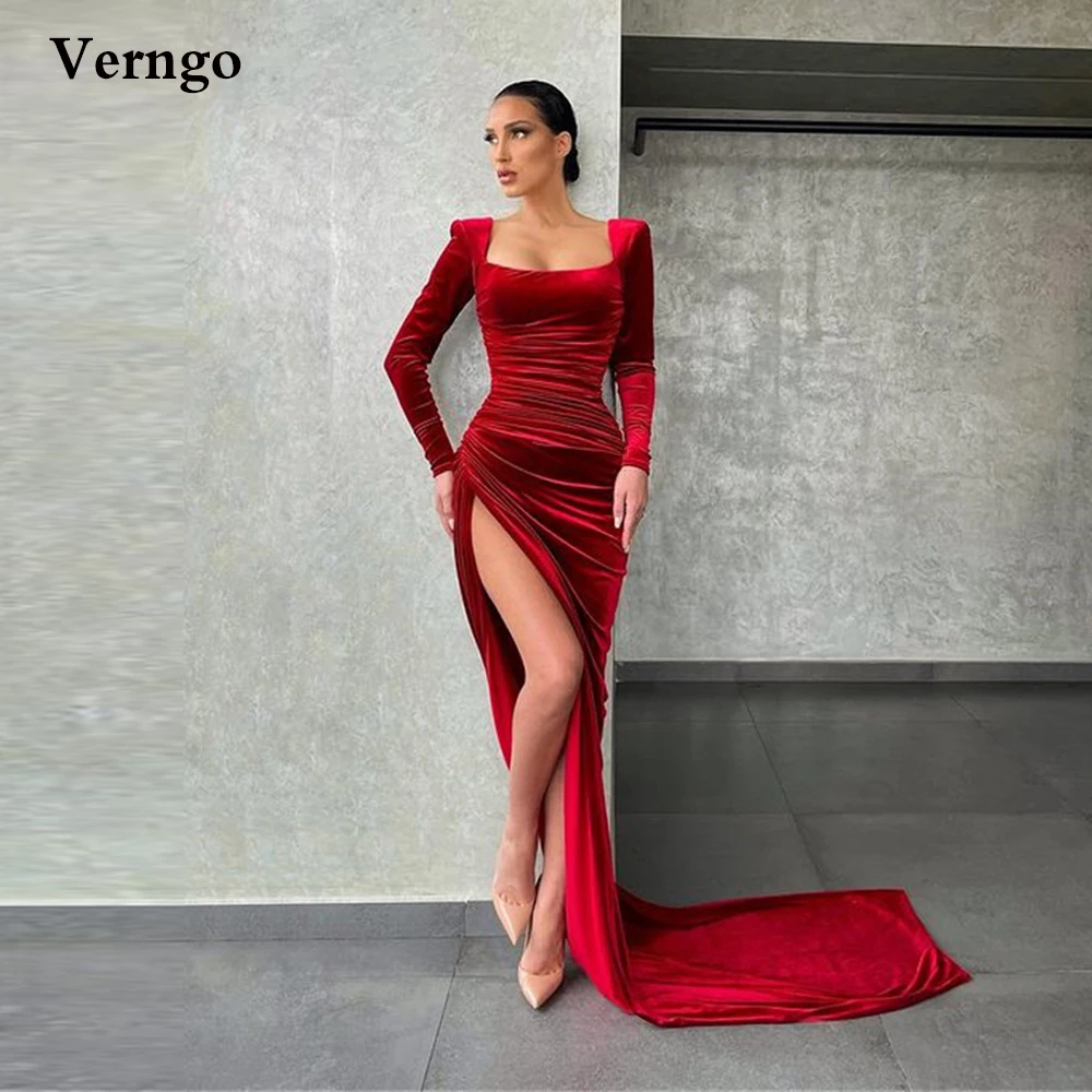 

Verngo 2021 Wine Red Velour Mermaid Prom Dresses Long Sleeves Square Neck High Side Slit Sweep Train Modern Evening Party Gowns