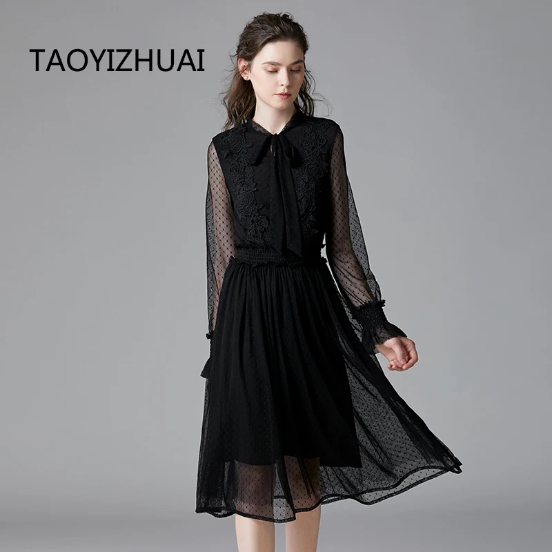 Autumn new lace up elastic lace mesh show thin taoyizhuai brand Plus Size dress women