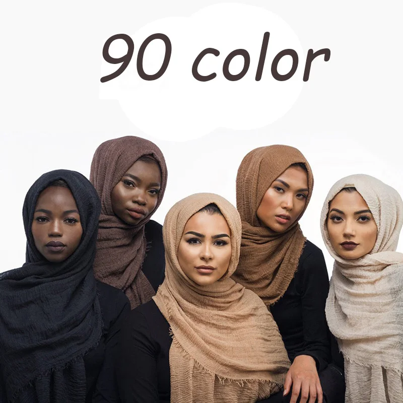 90 Colors Muslim Women Crinkle Cotton Hijab Headscarf Big Size Head Wrap Headband Islam Thin Plain Turban Long Shawls