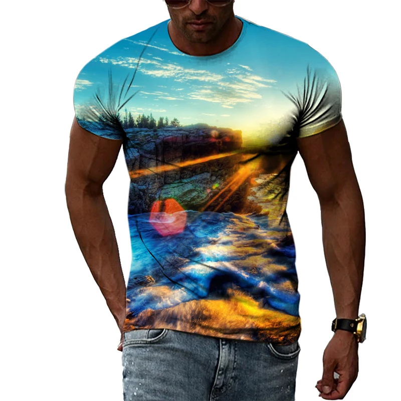 New 3D trendyol men Natural Landscape graphic t shirts Summer Fashion Hip Hop Casual Print T-shirt Personality Handsome Tee Top