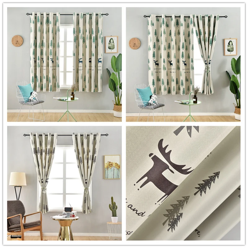 

GY2804 Gyrohome 1PC Christmas Elk Pine Trees Short Curtain For Living Dining Room Bedroom