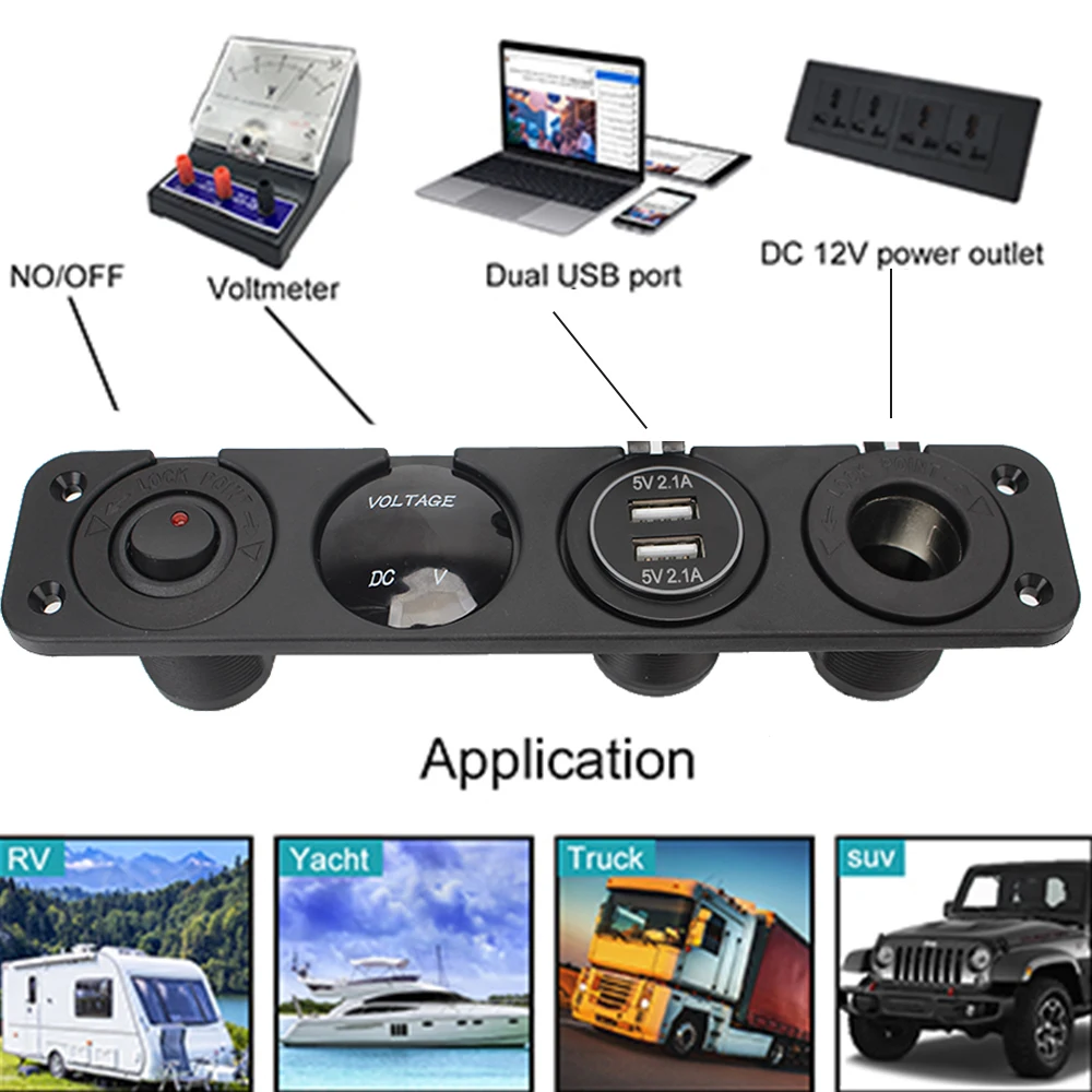 4 In 1 Car Cigarette Lighter Digital Voltmeter Dual Usb Power Charger Dustproof Waterproof With Rocker Switch 12V Power Socket