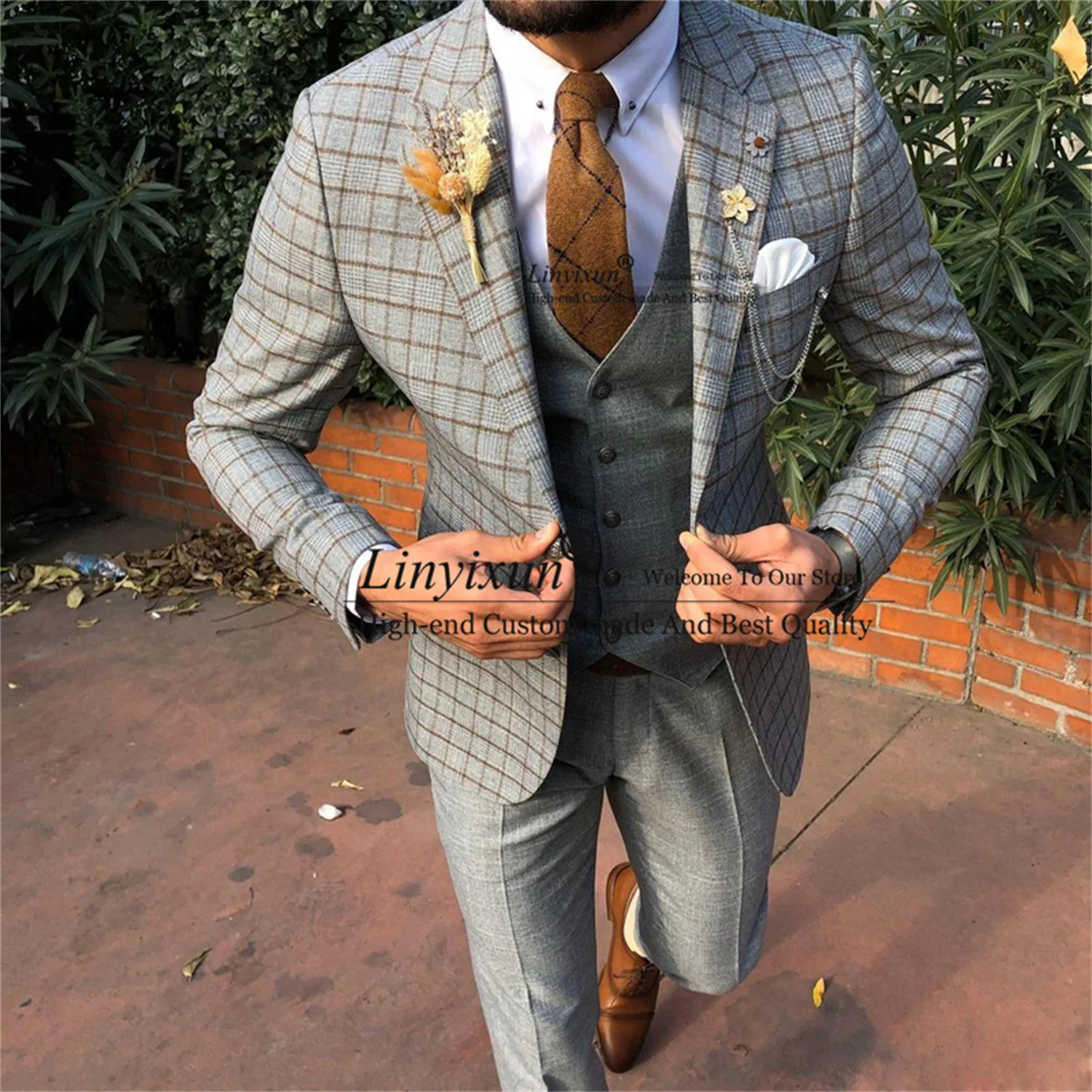 Fashion Plaid Tweed Mens Suits Slim Fit Notached Lapel Sliver Groom Wedding Tuxedo 3 Pieces Set Costume Homme Jacket Vest Pants