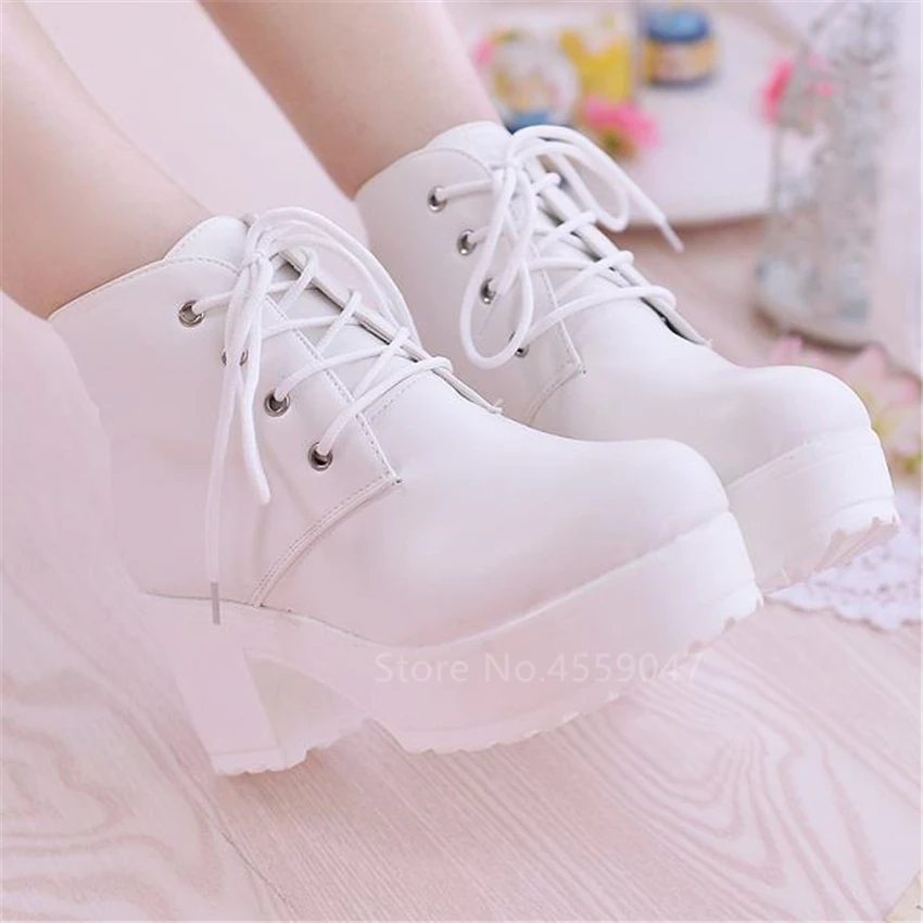 College giapponese Mori Girl Jk Uniform PU Leatehr Lace Up Platform stivali neri Lolita Gothic Round Head Mary Jane Strap Shoes