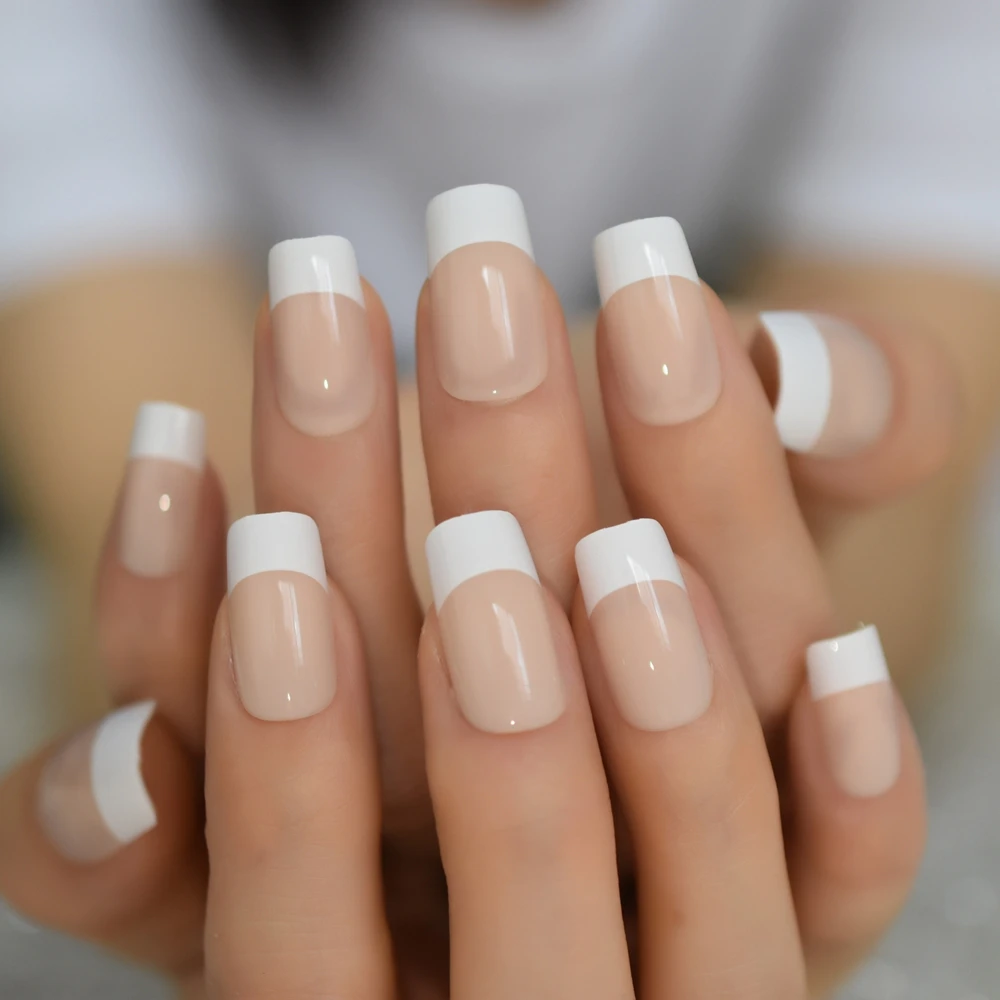 White French Natural Nude False Nails Manicure Square Press on Fake Nails Tips Daily Office Finger Wear with Jelly Sticker Tabs